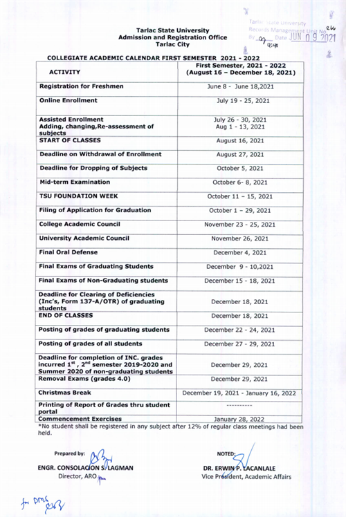 First Sem 2021-2022 Collegiate Academic Calendar 